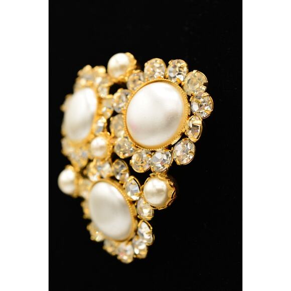 Vintage Crystal Pin Brooch Pearl Prong Cluster Gold Rhinestone Chunky 80s BinAC - Picture 3 of 12